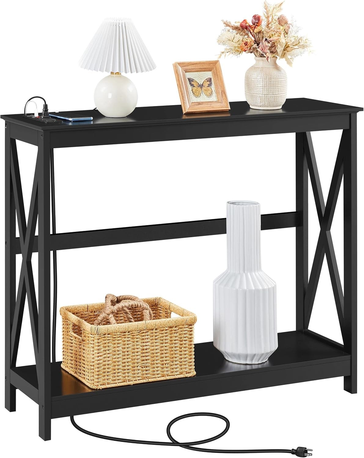 40" Narrow Entryway Console Table with 2 Outlets, Black X-Frame | Buil