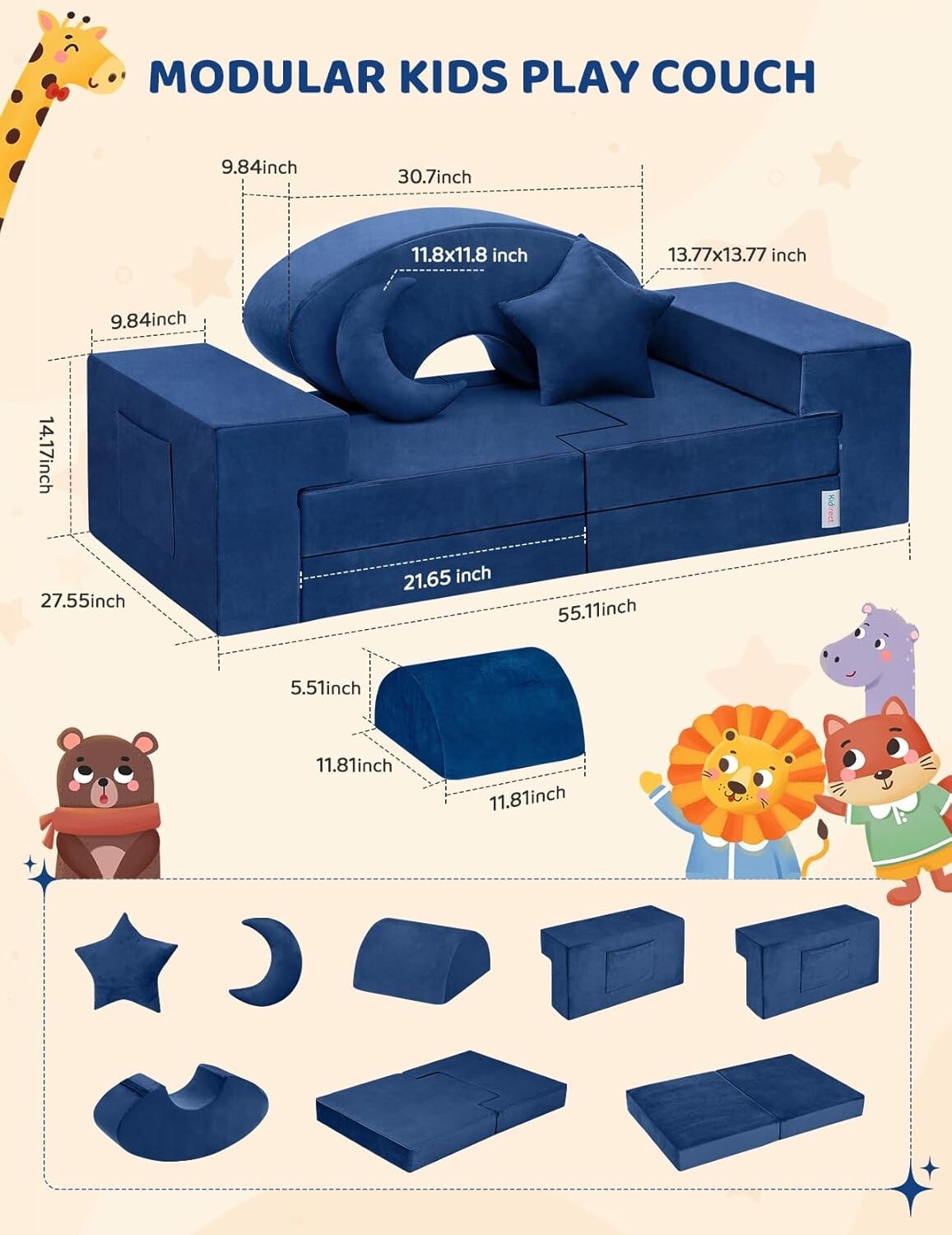 Modular Kids Play Couch - Safe Washable Velvet & Convertible Rocking Horse