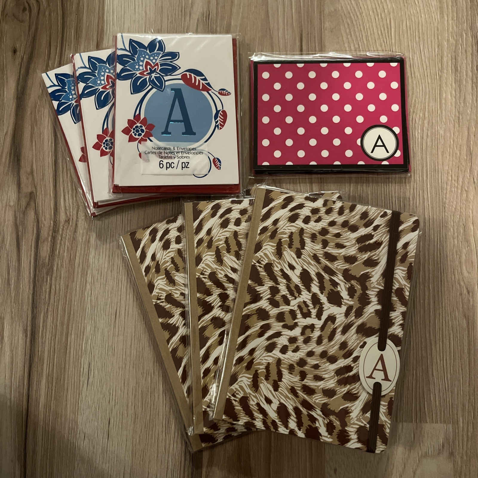 Lot of 4 Monogram A Notecard Packs + 3 Leopard Journals 24 Cards Total