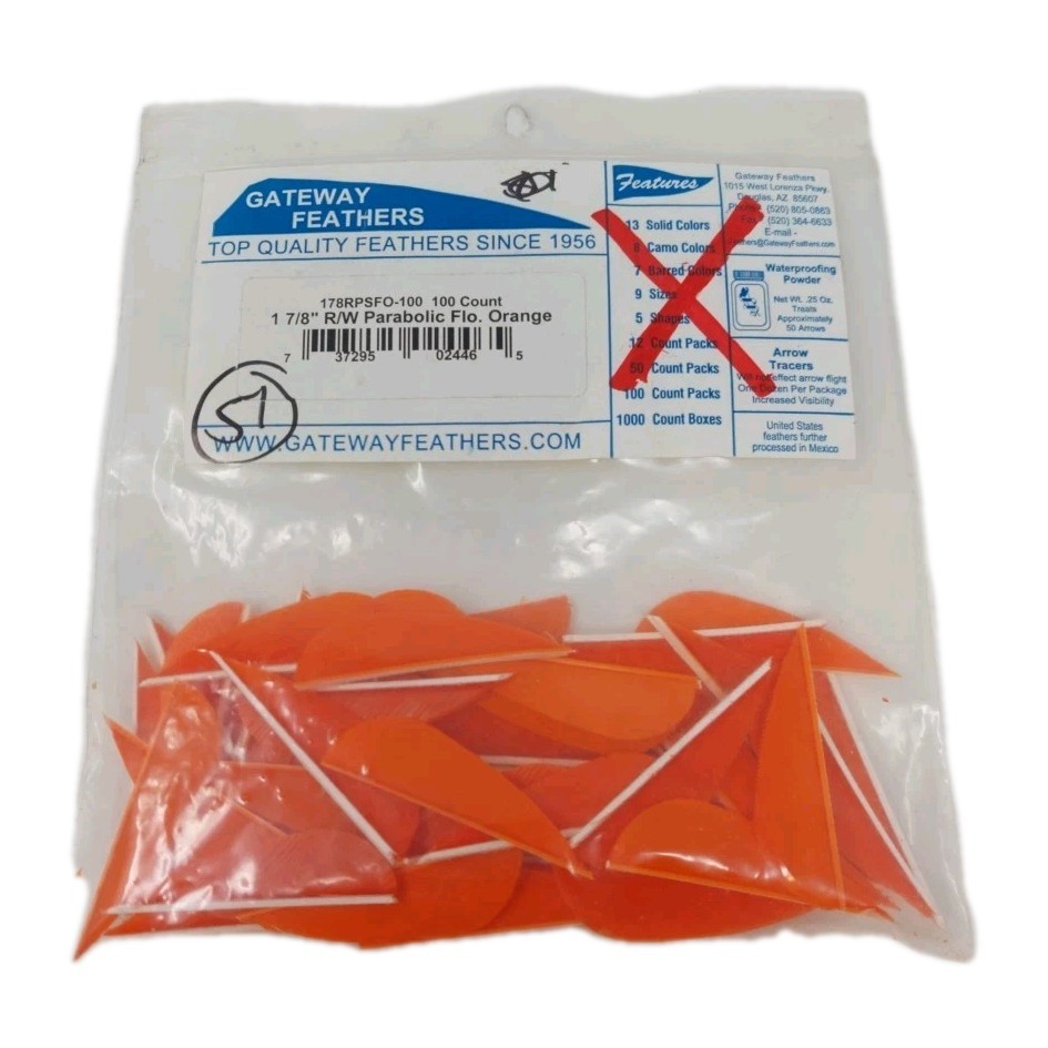 51 Count Gateway Feathers 1 7/8" Right Wing: Parabolic Flo. Orange 178RPSFO