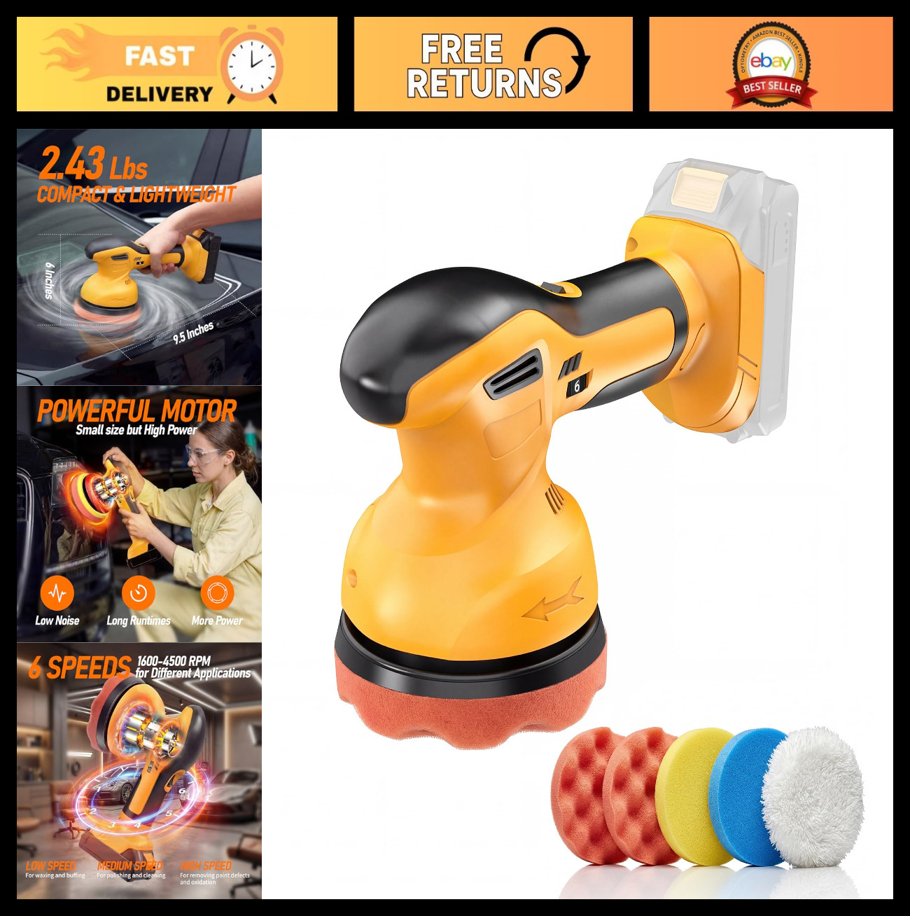 Cordless Car Buffer Polisher 6-Inch Waxer Kit, 8mm Orbit, 6 Speed Control - Car