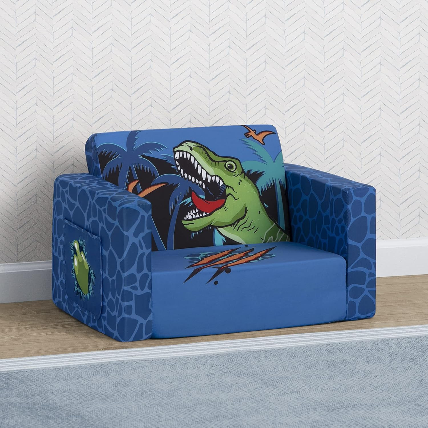 Dinosaur Blue Flip Out Chair To Lounger Couch Sofa For Kids Boys Toddlers 1-3