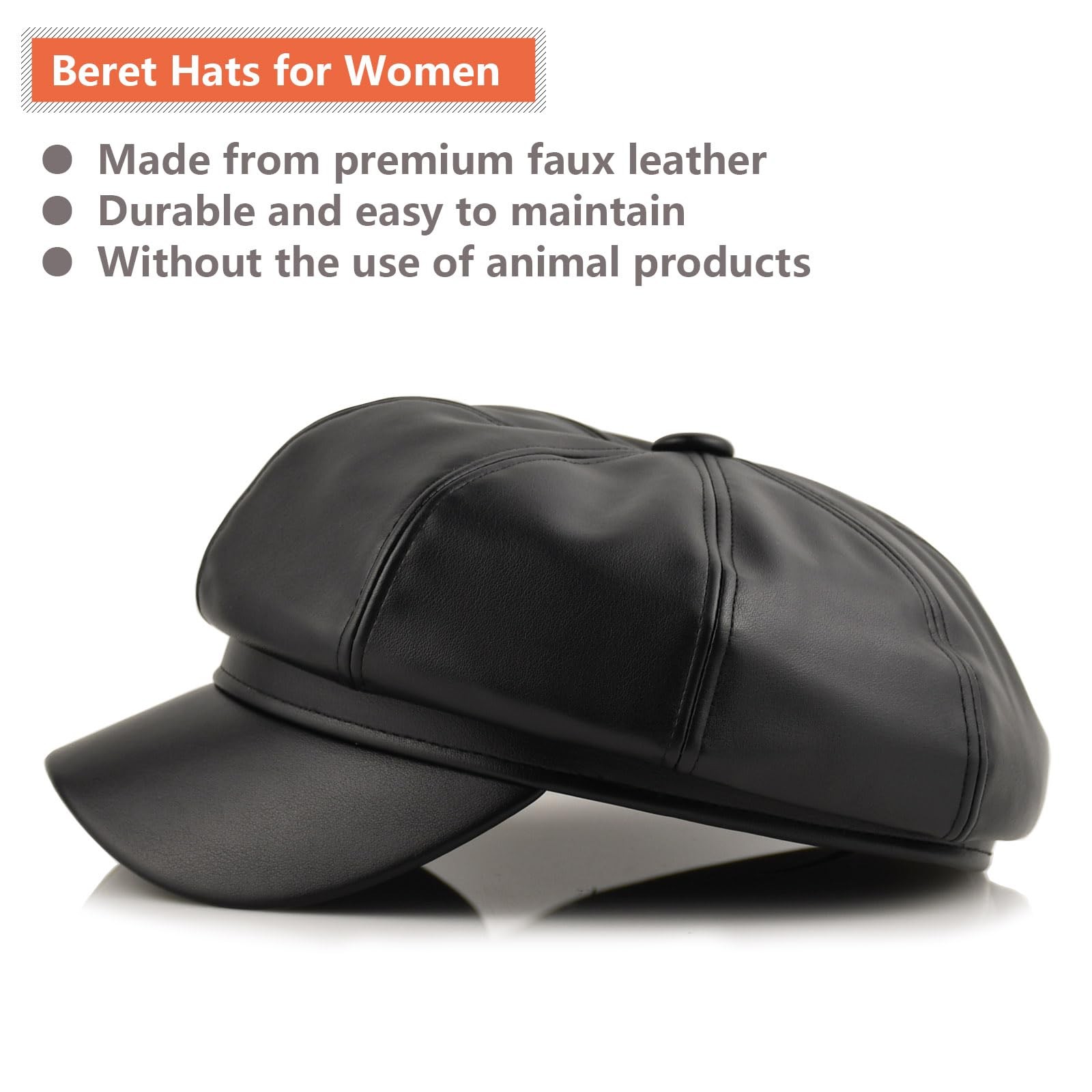 Black Leather Newsboy Hat for Women - Spring Newsboy Beret for Men British Sa...