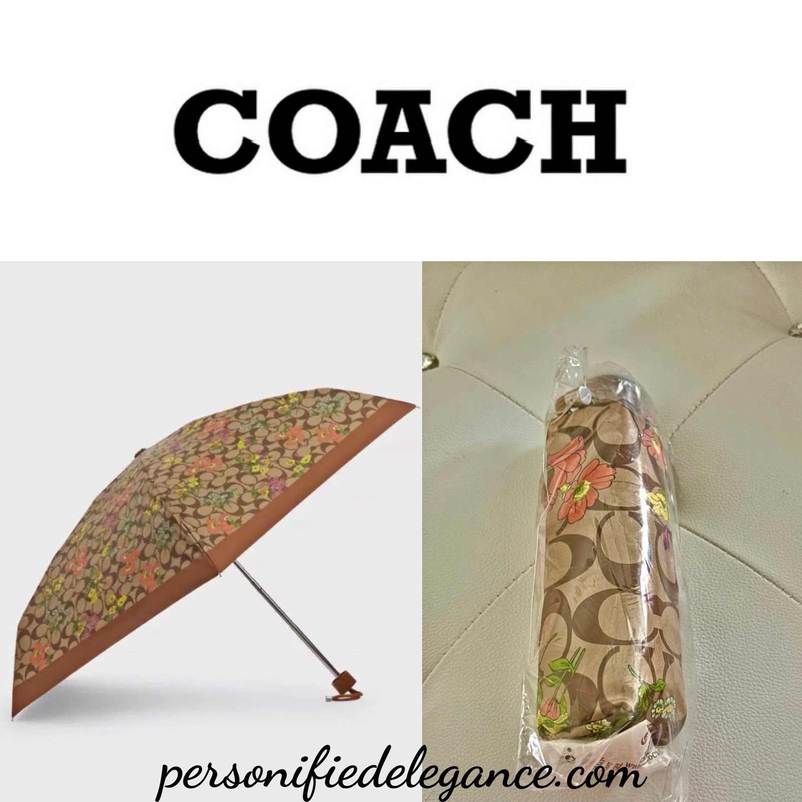 NEW Coach Signature Floral Print Khaki Multi UV Protection Mini Umbrella $78
