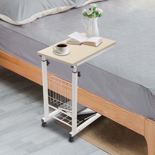 Height Adjustable Side Table With Wheels 2 Tier C Shaped Mobile Standalone Table