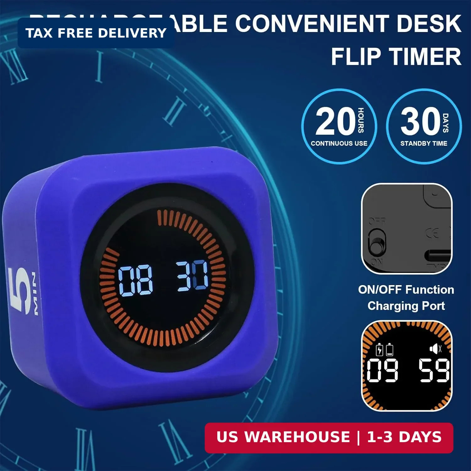 Rotating Cube Visual Pomodoro Timer 5, 25, 10 50 Minutes Preset + Custom Countdo