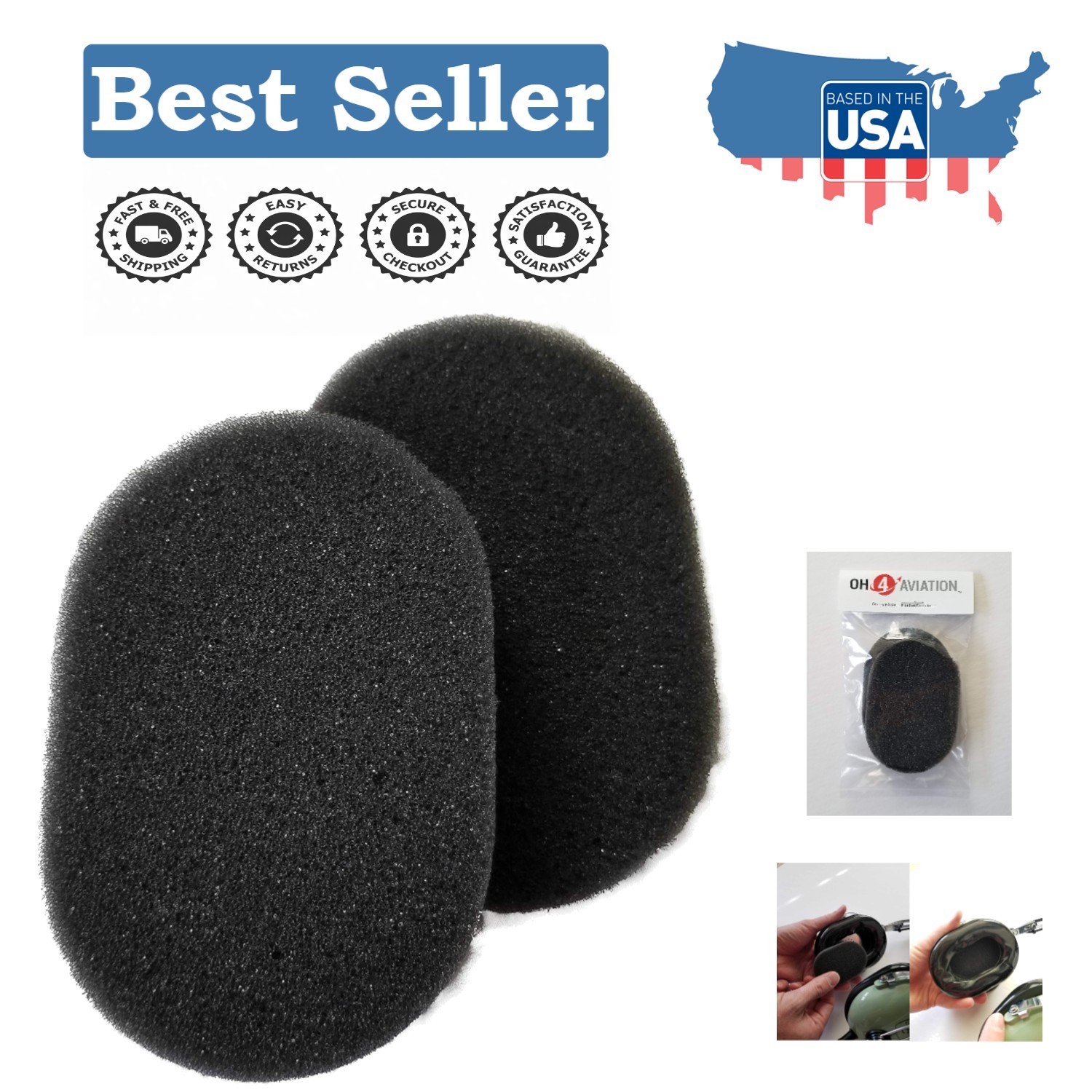 Black Foam Insert for Aviation Headsets - Compatible with David Clark