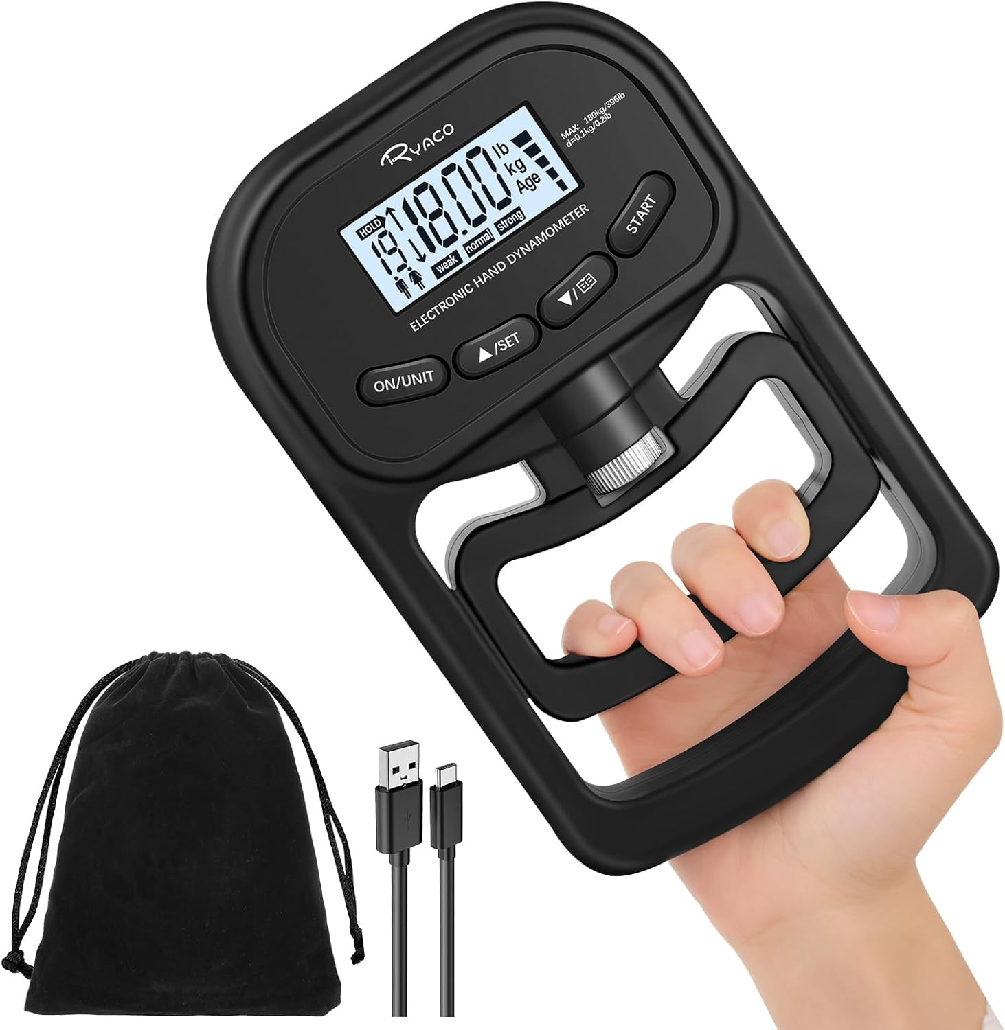 Grip Strength Tester, 396Lbs/180Kg Rechargeable Exerciser Meter Digital Hand Dyn