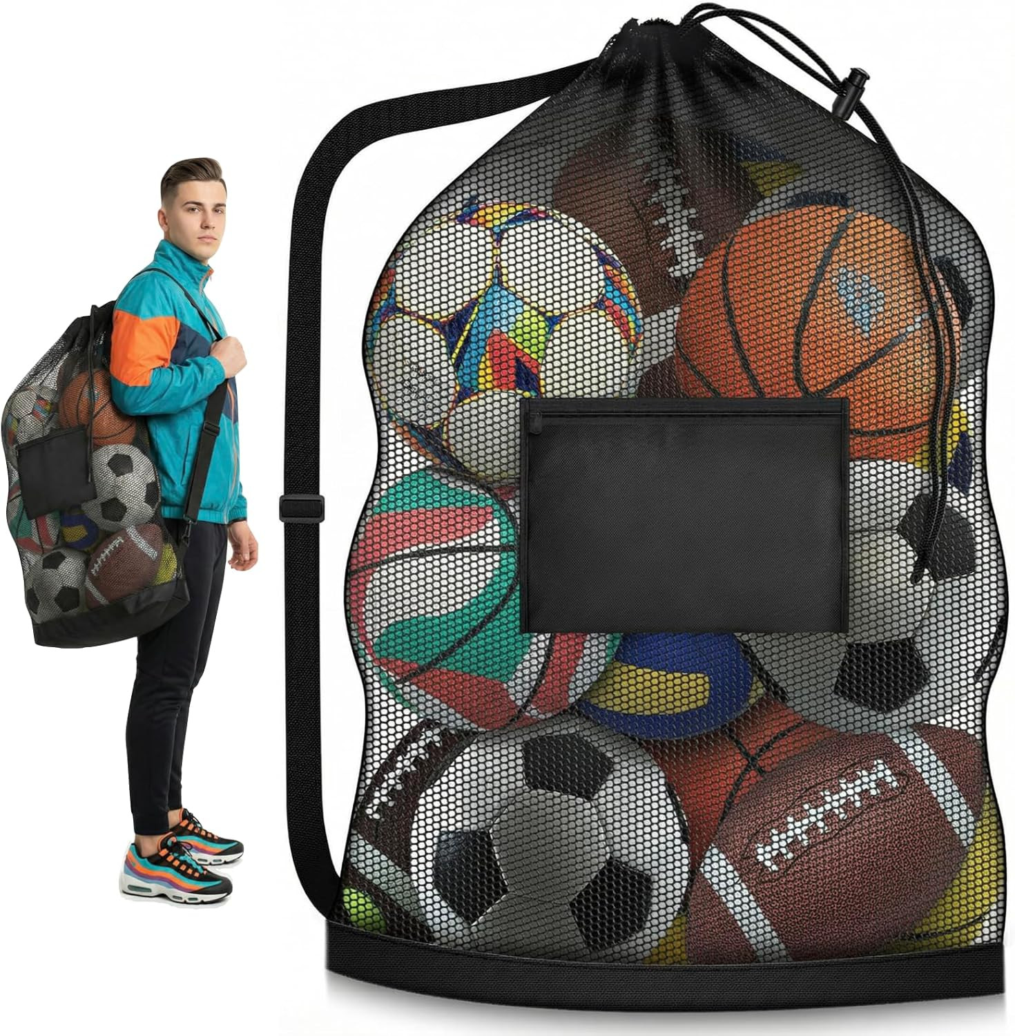 Extra Large Mesh Ball Bag with Pocket, Holds 12 Soccer Balls, Heavy Duty Drawstr