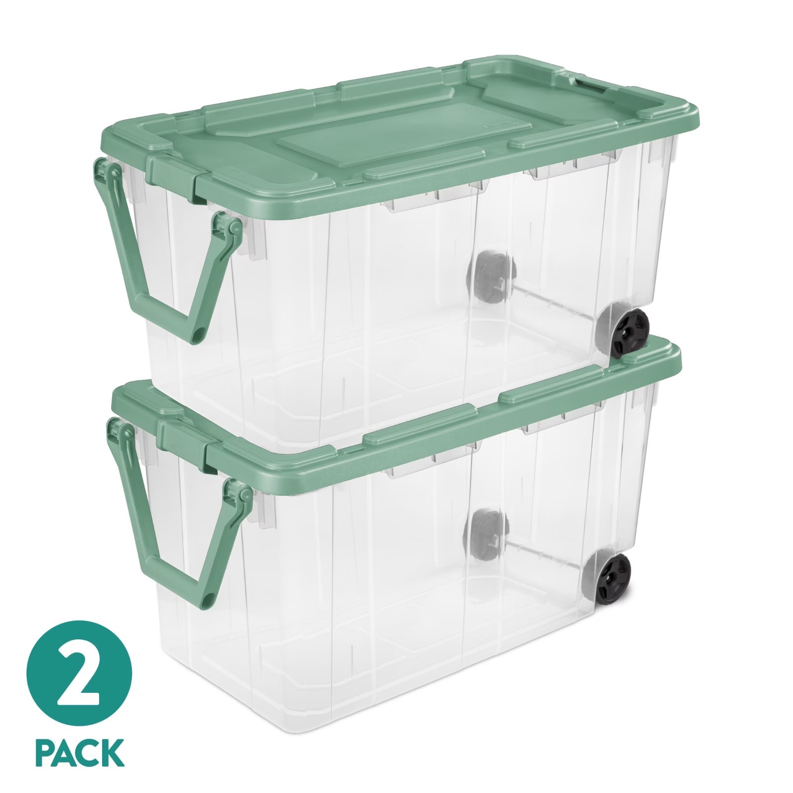 Sterilite 160 Qt Rolling Storage Boxes 2-Pack Sage Green Heavy Duty Plastic Tote