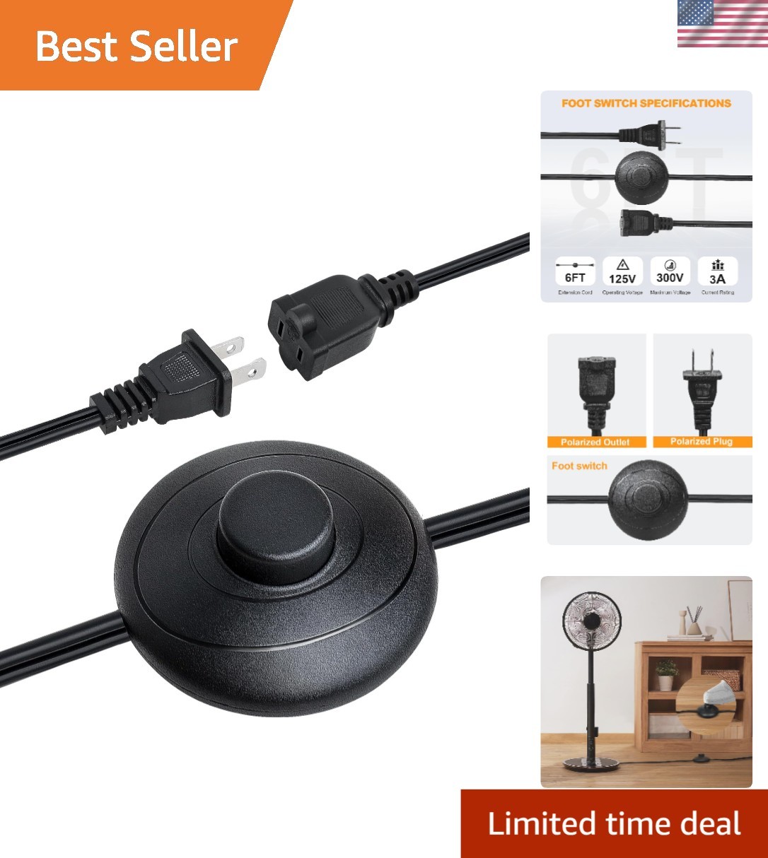 Compact 6FT Foot Switch Extension Cord with Durable, Flame-Retardant Design