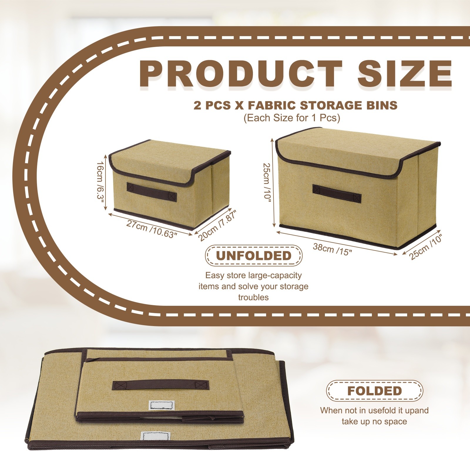 2Pcs Storage Bin with Lid Fabric Storage Box for Keepsake(Beige Yellow, S & L)