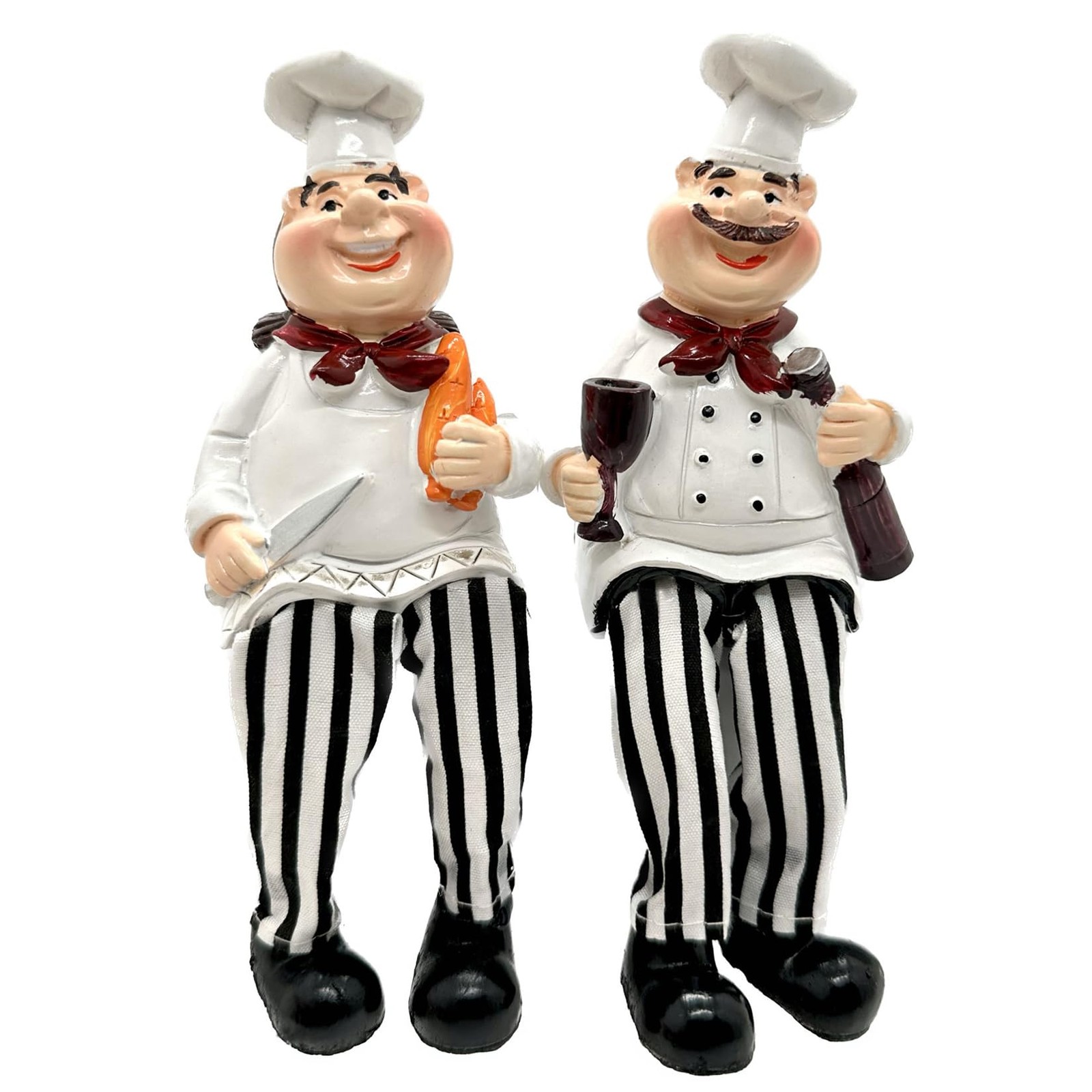 Set of 2 Home Kitchen Decor Chef Figurines Bread & Wine with Dangling Legs Sh...