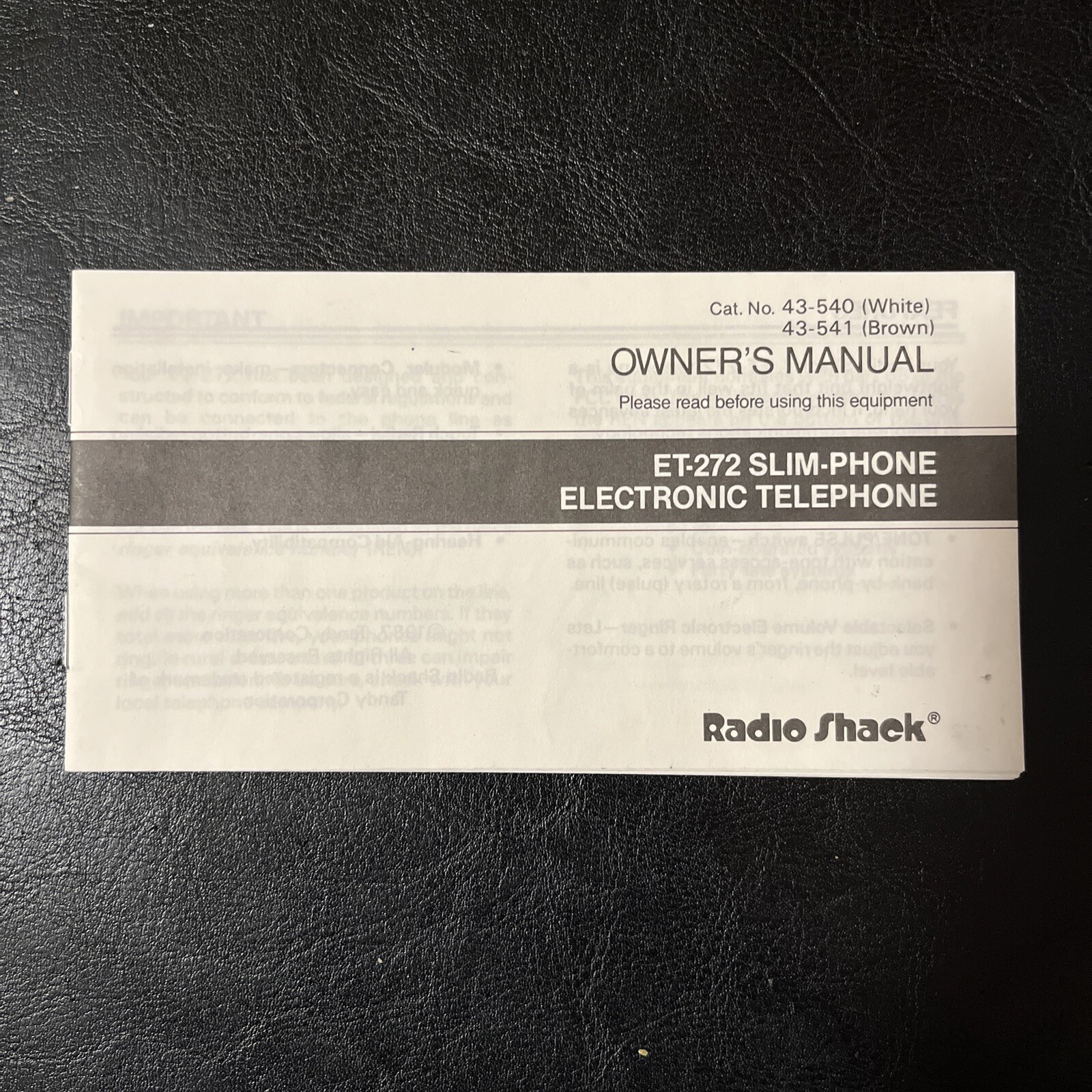 Radio Shack Manual ET-272 Slim Phone Electronic Telephone Instructions [M1]