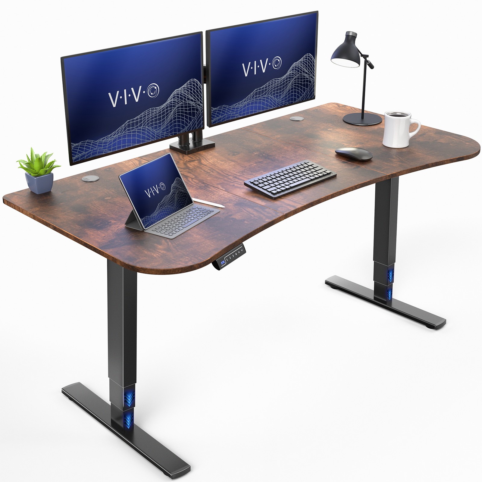 VIVO Electric 63" x 32" Stand Up Desk, Vintage Brown Table Top, Black Frame