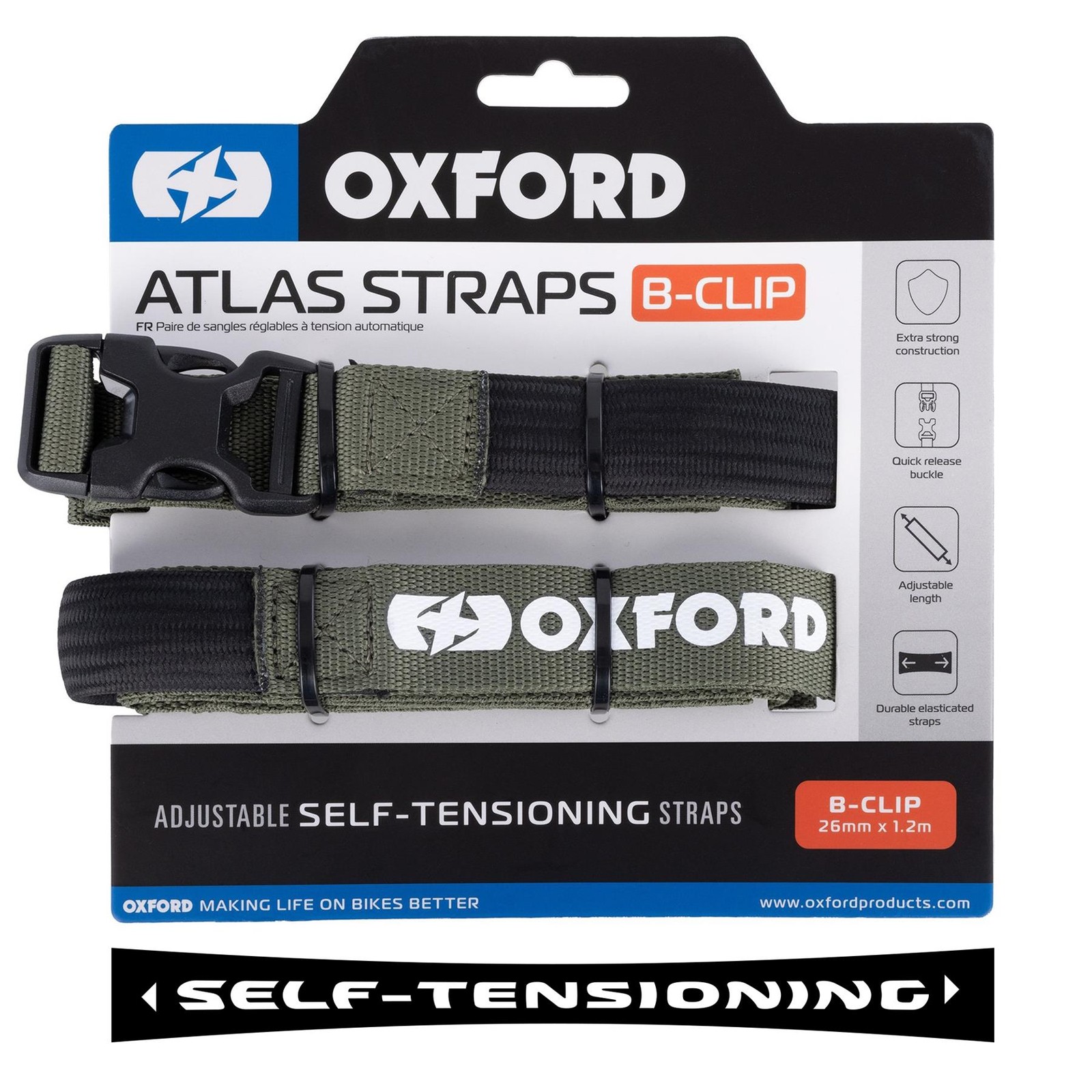 Oxford Atlas B-Clip 26mm x 1.2m (Pair) - Lichen Motorcycle Tie Down Straps