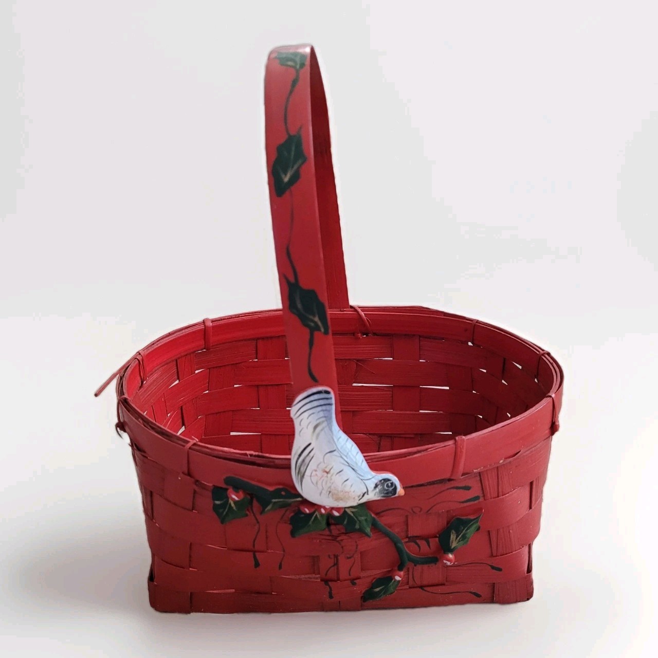 Vintage 1980s Christmas Bird Holly Basket Red