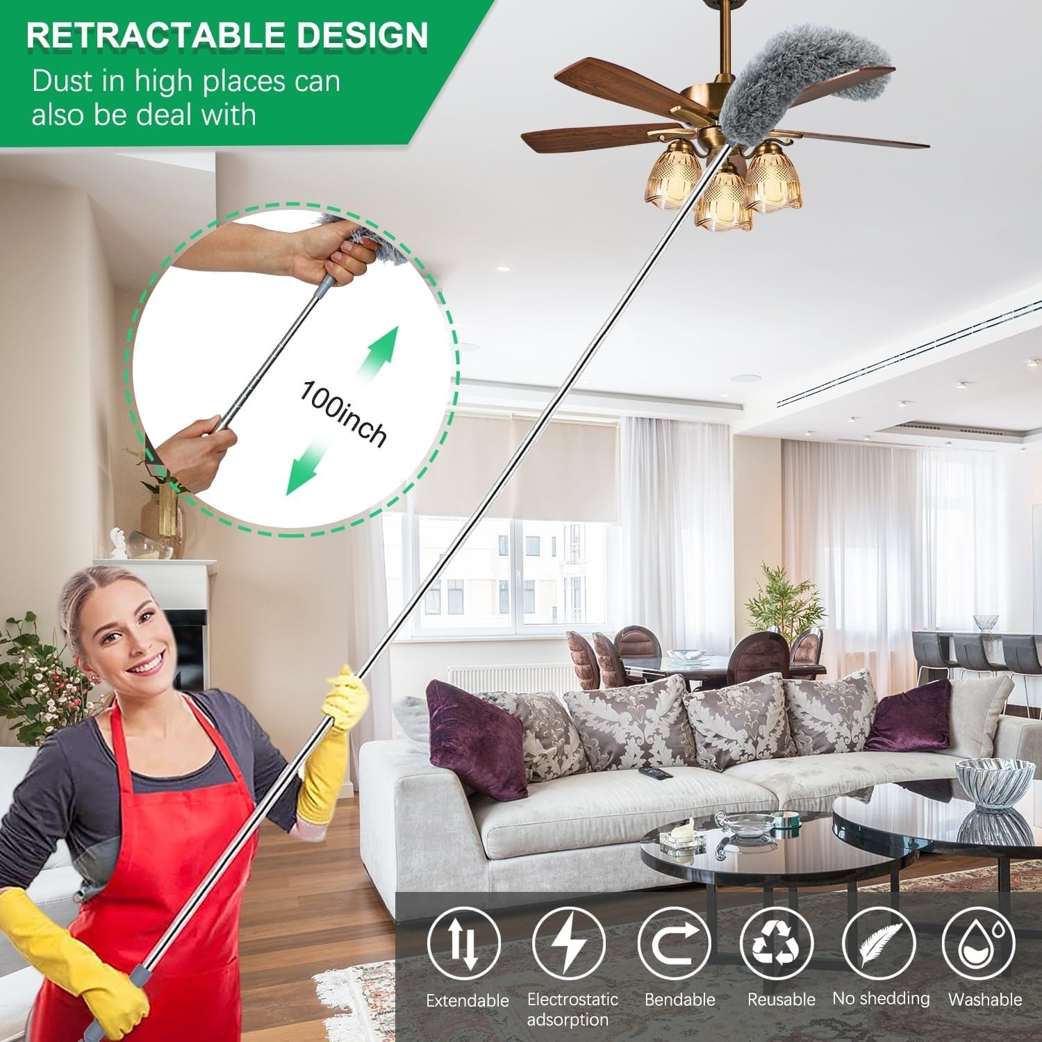 100" Microfiber Feather Dusters for Cleaning, Cobweb Duster with Extension Po...