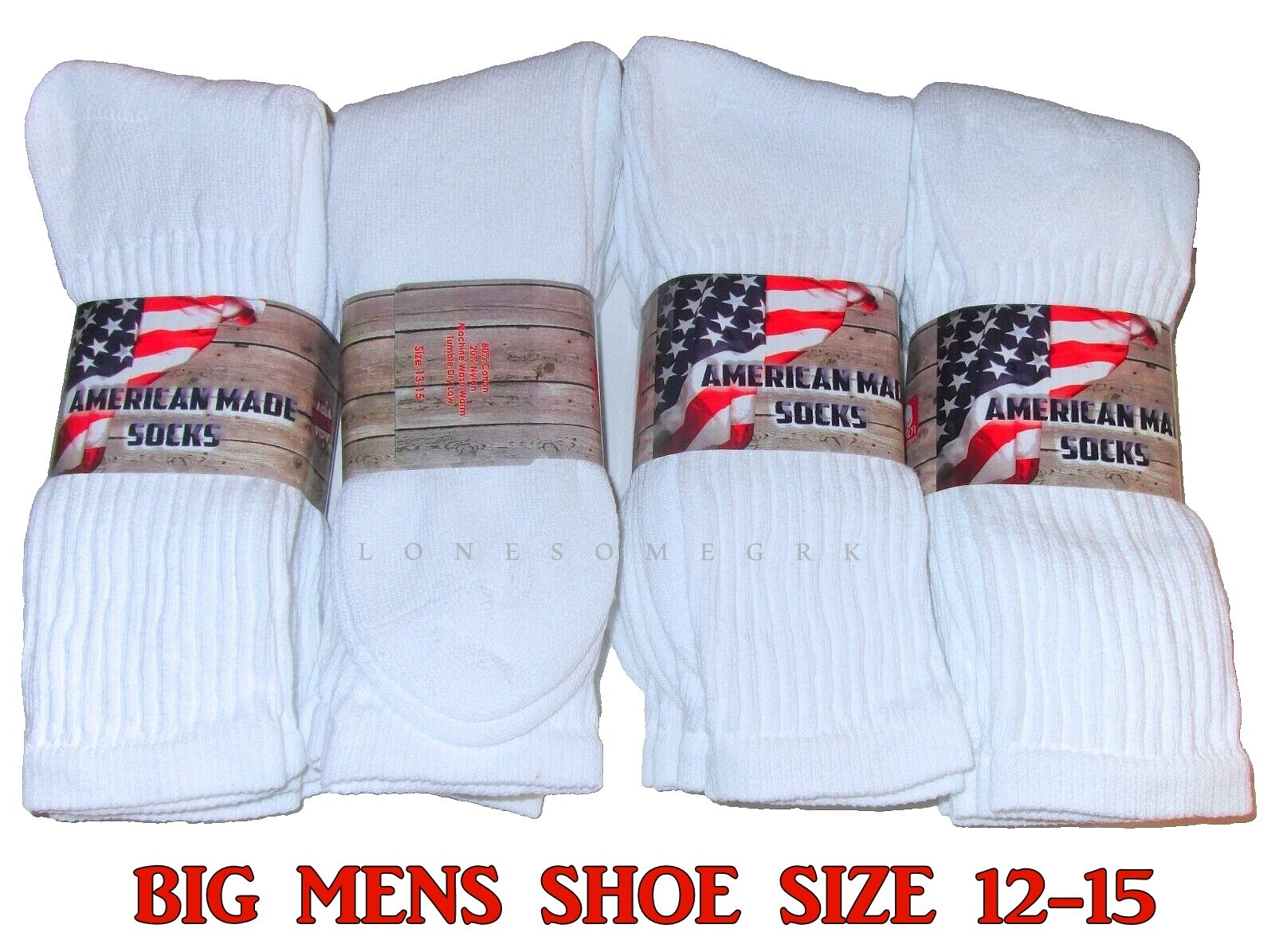 12 Pairs BIG Mens Shoe 12-15 Cotton Crew Athletic Socks  USA Made  FREE SHIP