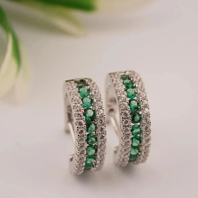 14K White Gold Plated 2Ct Round Lab Created Emerald Diamond Huggie Hoop Earrings