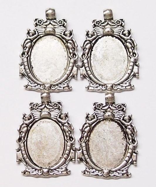 6 of 25x18mm Antique Silver Plated Decorative Cherub Pendant Settings 43x30mm