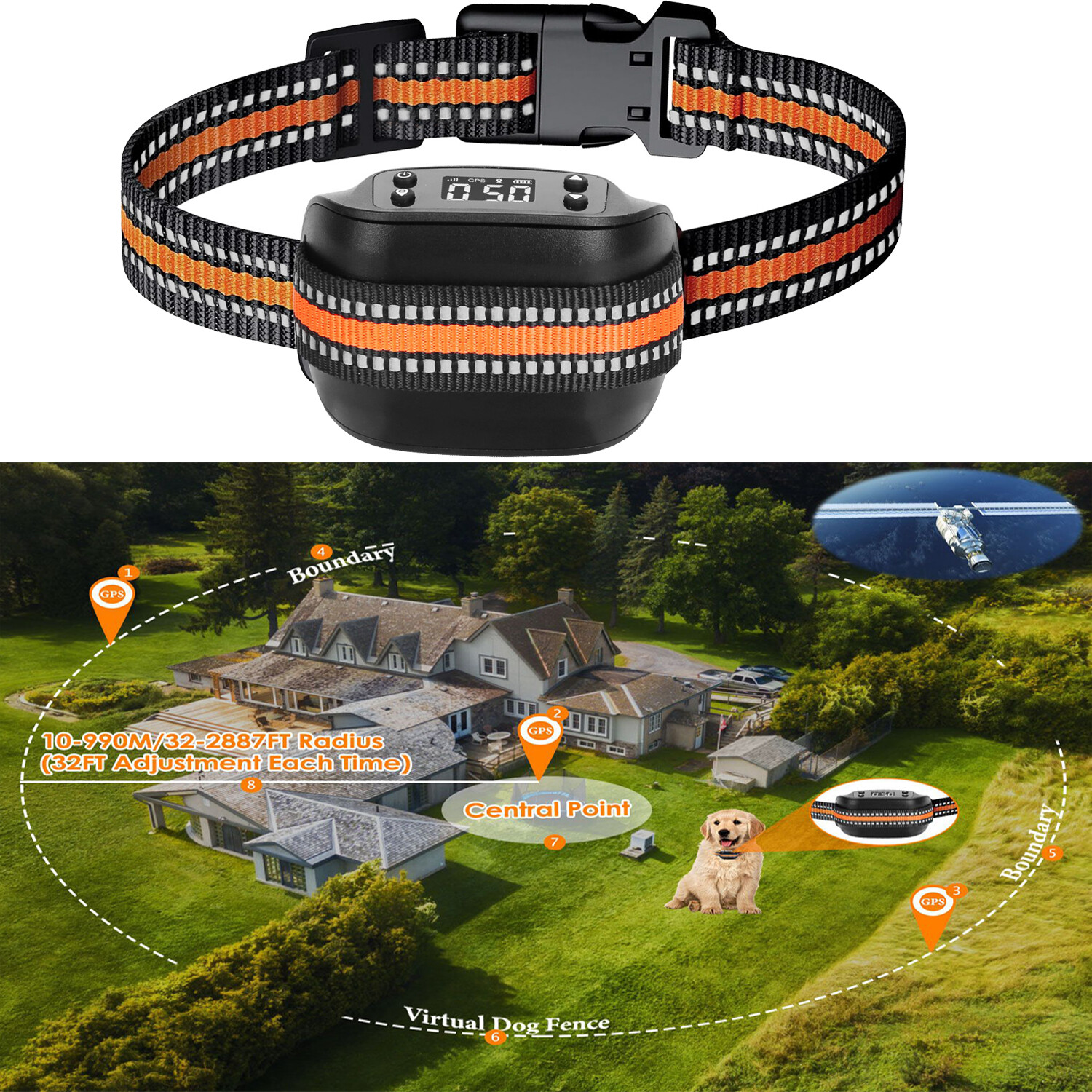 2 in 1 GPS Wireless Dog Fence w/ Remote Training, Radius from 32FT Adjustment