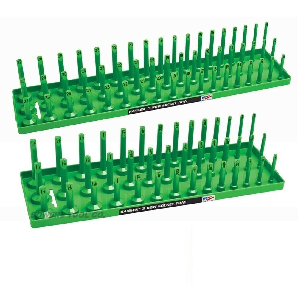 Hansen 1/2" Socket Tray Organizer Holder Set 3 Row Metric SAE Shallow Deep Green