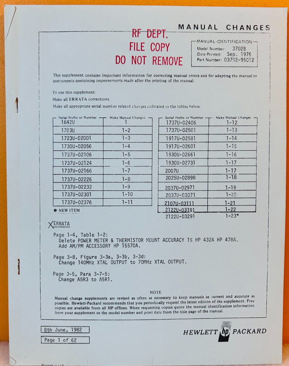 HP 03702-95012 1976 Model 3702B Manual Changes.