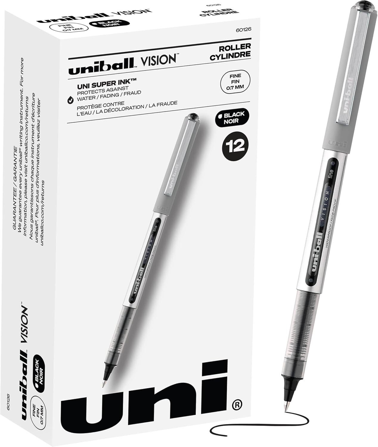 Uni-Ball Vision Rollerball Pens, Black Pens Pack 12 Count (Pack of 1),