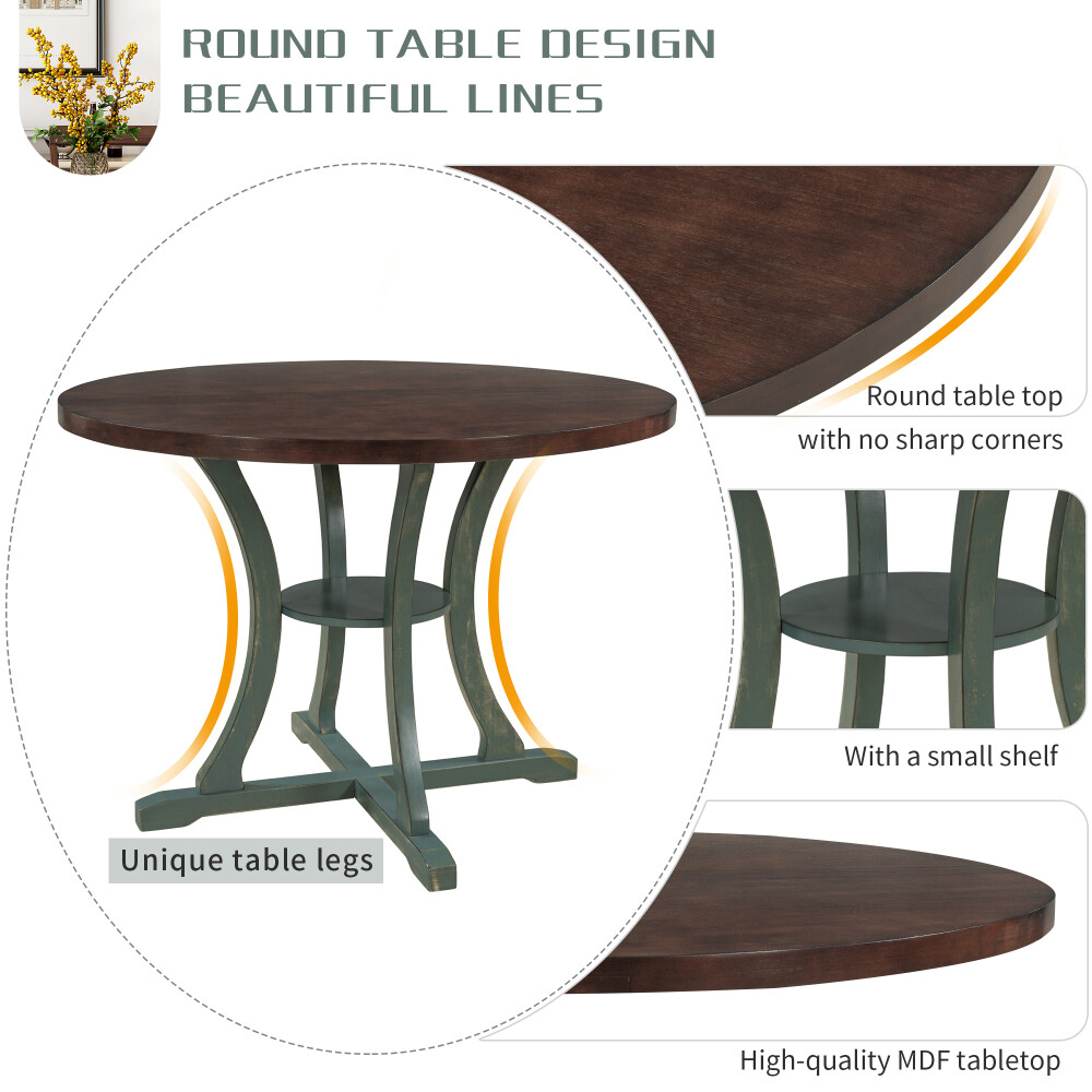 5pc Dining Set Round, Special-Shaped Legs, 4 Fabric Chairs, Antique Blue