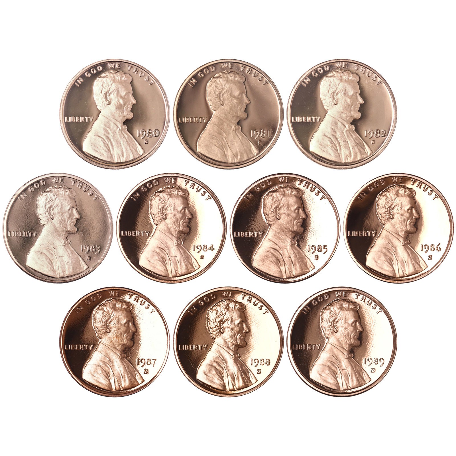 1980-1989 S Lincoln Memorial Cent Gem DCam Proof Run 10 Coin Set US Mint