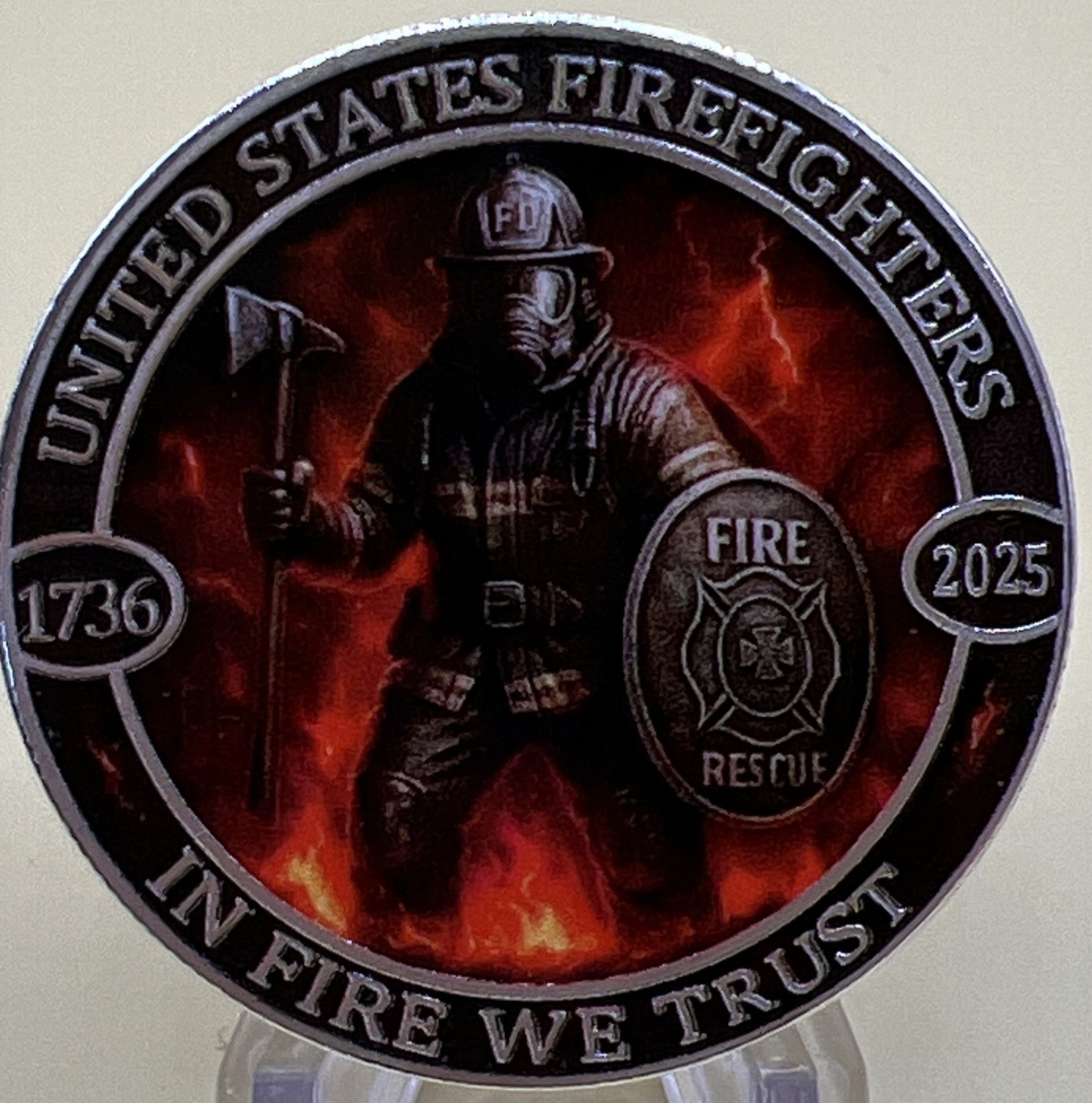 * Rare Firefighter Challenge Coin 1736-2025 In Fire We Trust Honor The Fallen