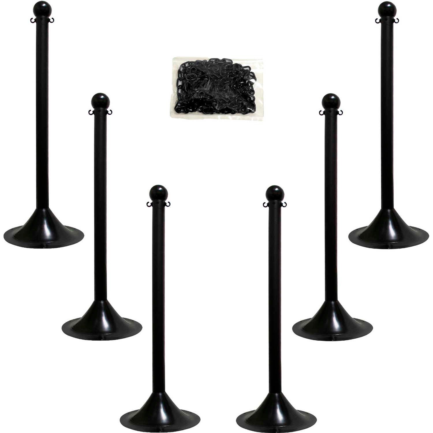 Plastic Stanchion Kit 6 Stanchions 50'L Chain 2" Pole 14" Base 41" Height Black