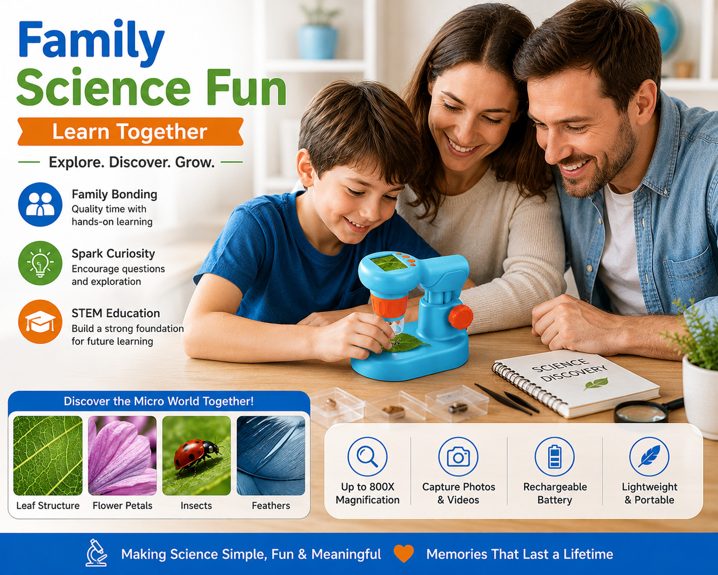Kids Digital Microscope Kit LCD Screen 800X STEM Science Educational Toy Ages 6+