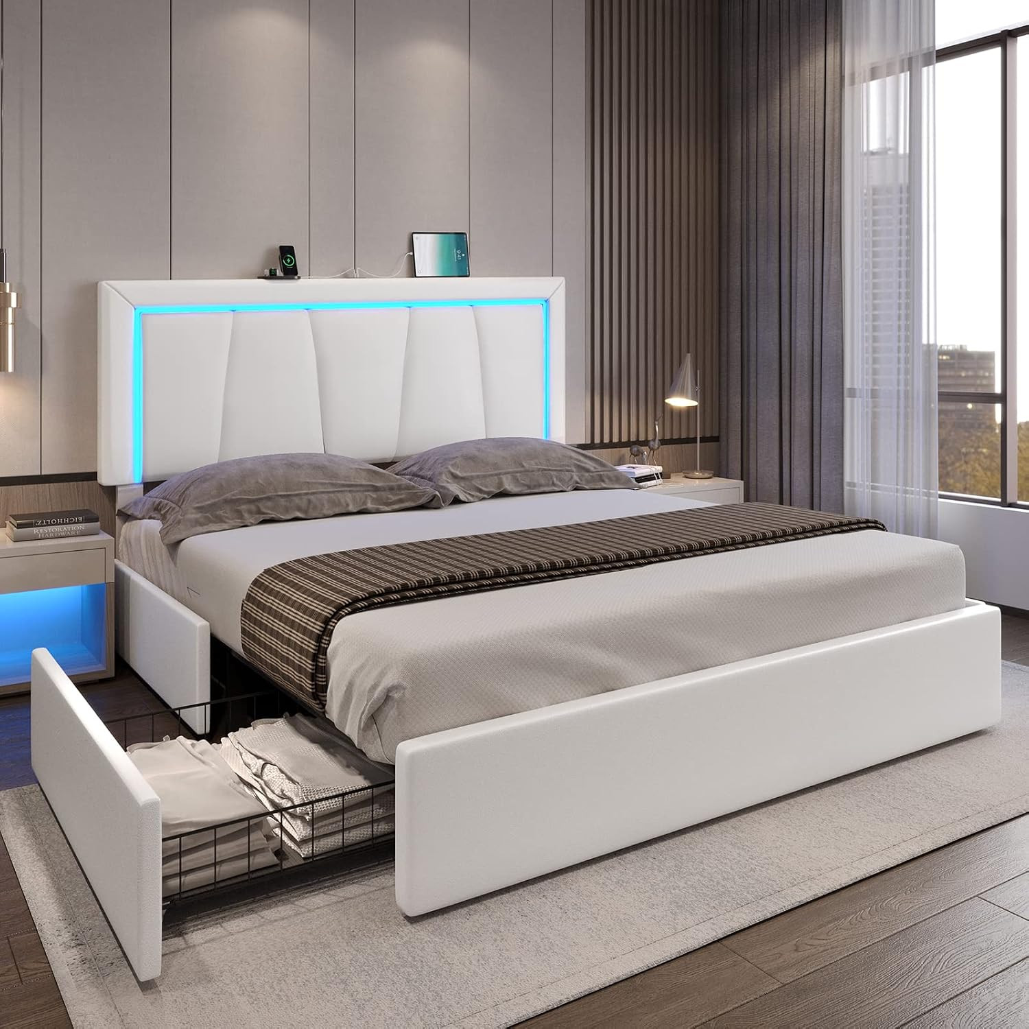Queen Bed Frame with 4 Storage Drawers and LED Lights, Faux Leather Upholstered