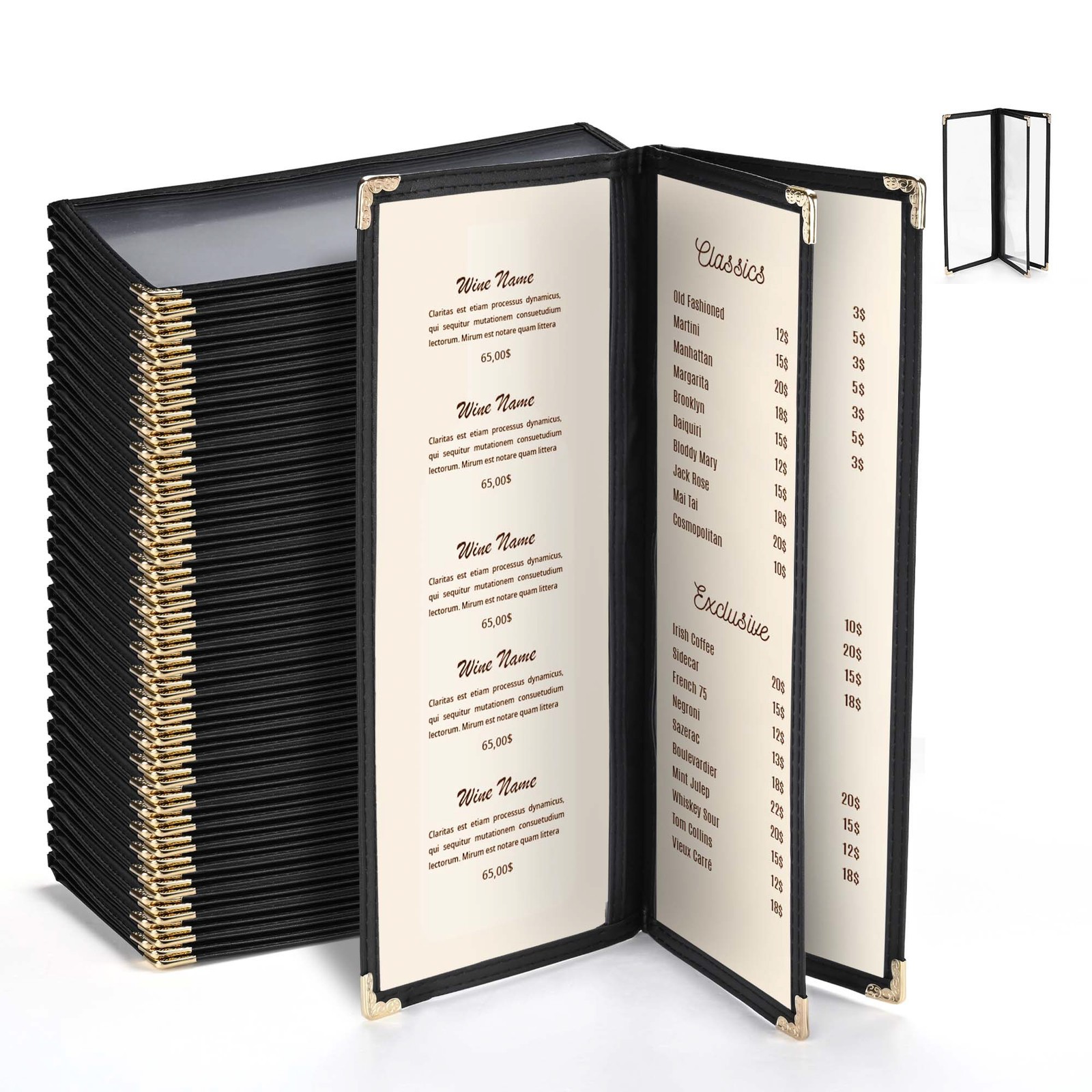 WeChef 30 Pcs Restaurant Menu Covers Holders for 4.25 x 11" Paper 3 Page 6 View