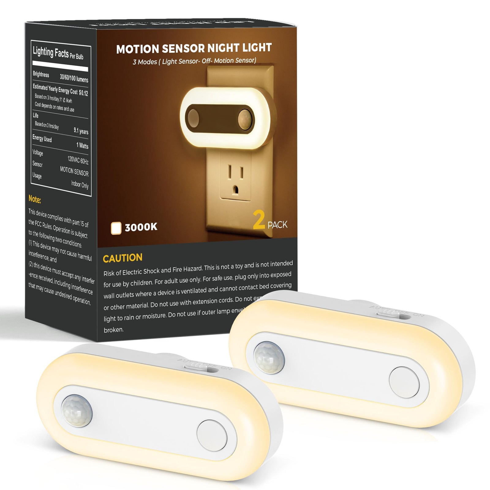 2 Pack Plug-in LED Night Light with Motion Sensor & Dusk to Small, Warm White