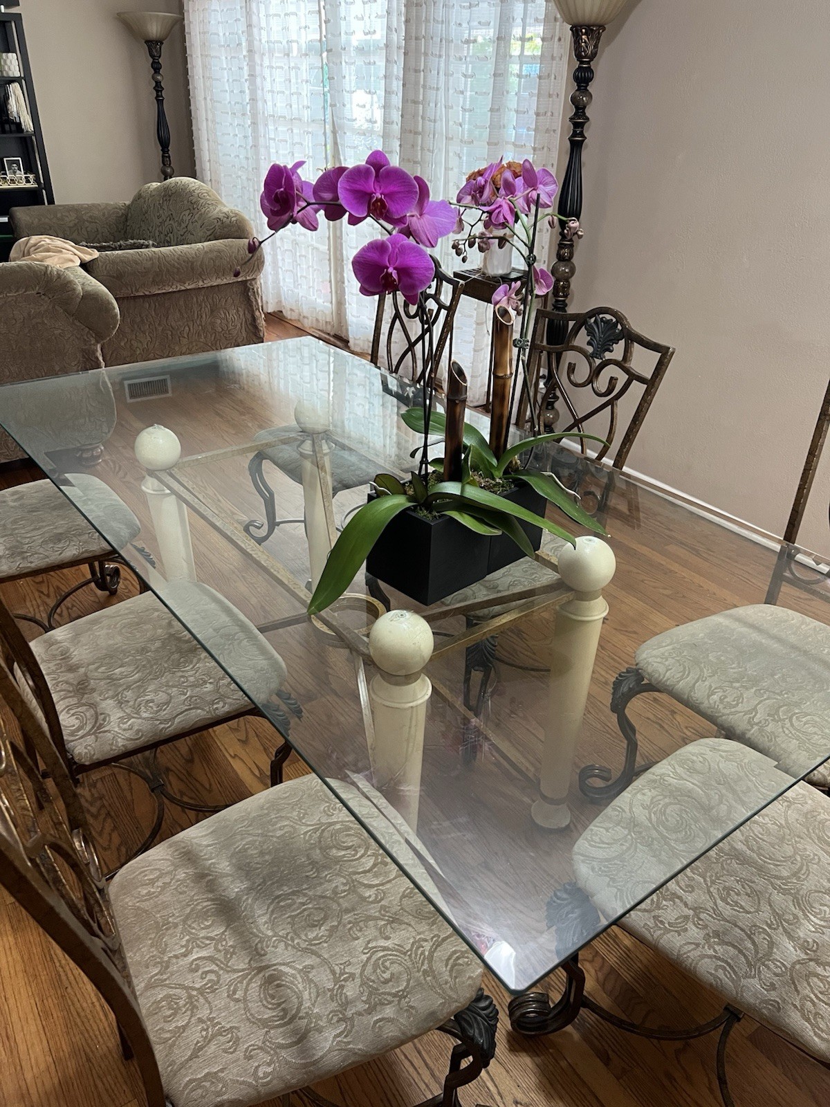 Glass Top Rectangular 7-Piece Dining Set, 6 Fabric Chairs, Metal Frame