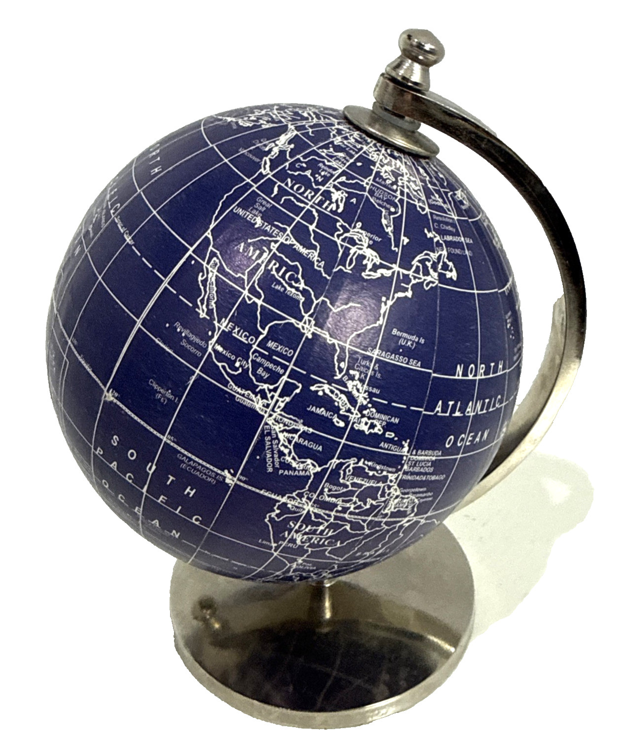 Decorative World Globe Desk Shelf Dark Blue and Silver Earth Spins 7” Tall