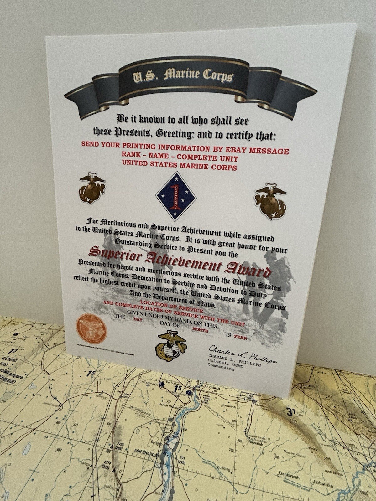 U.S.M.C. / SUPERIOR ACHIEVEMENT AWARD - 1ST MARINE DIVISION / CERTIFICATE