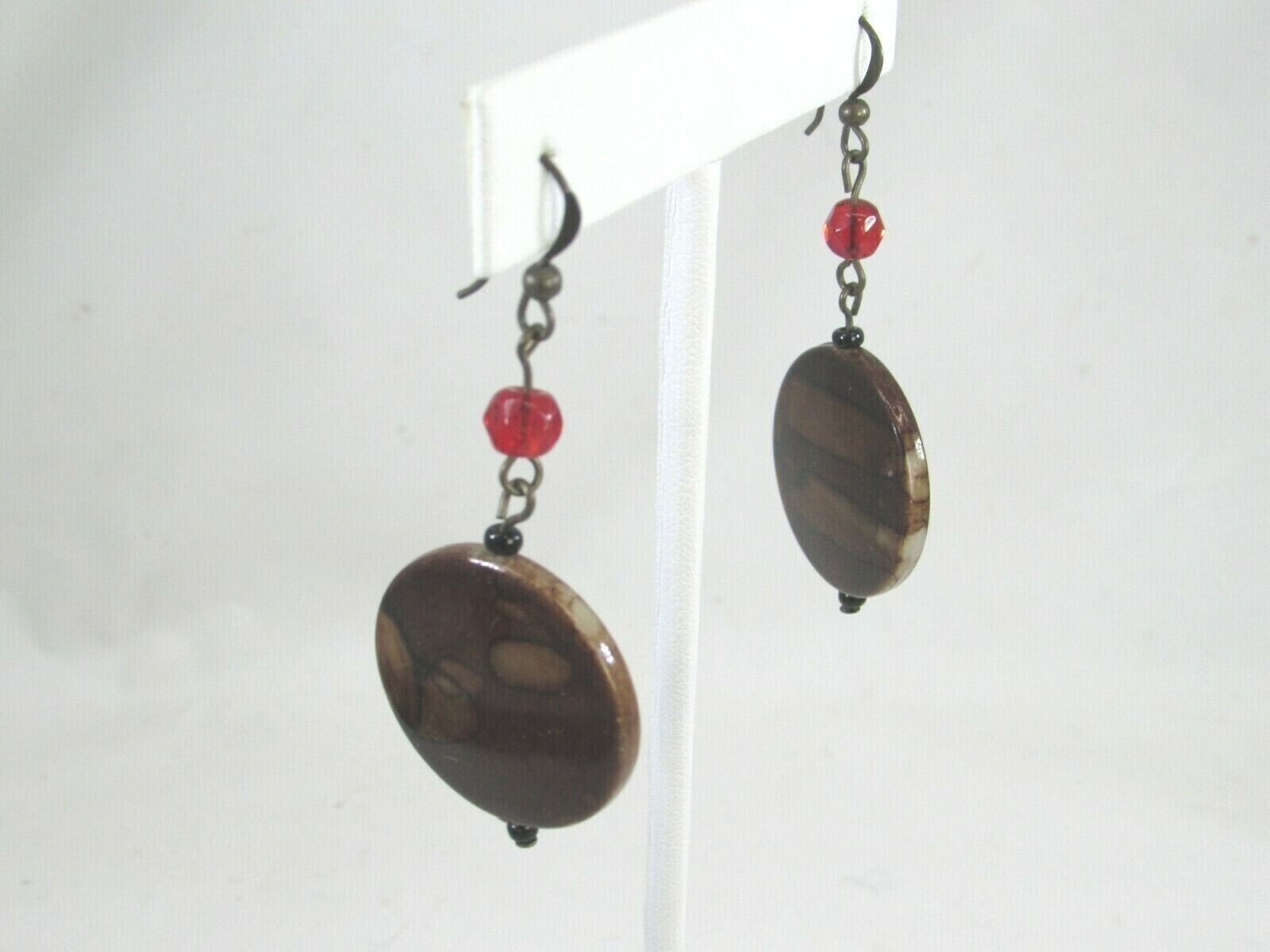 Vintage Brown Red Beaded Drop Dangle Earrings Pierced Hook 50020
