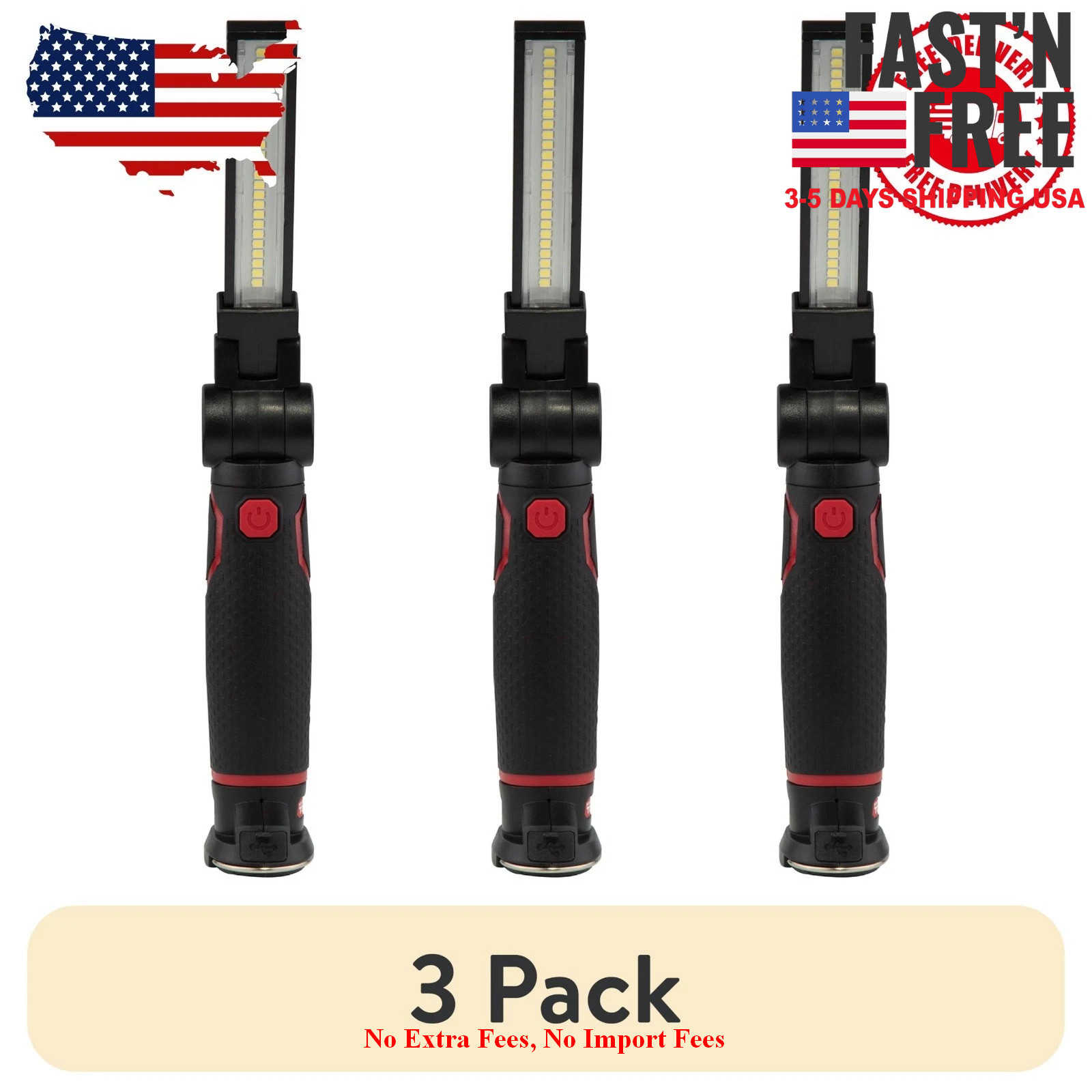 3 pack Rechargeable Flip LED Work Light, Magnetic Base, Hanging Hook, 600 Lumens