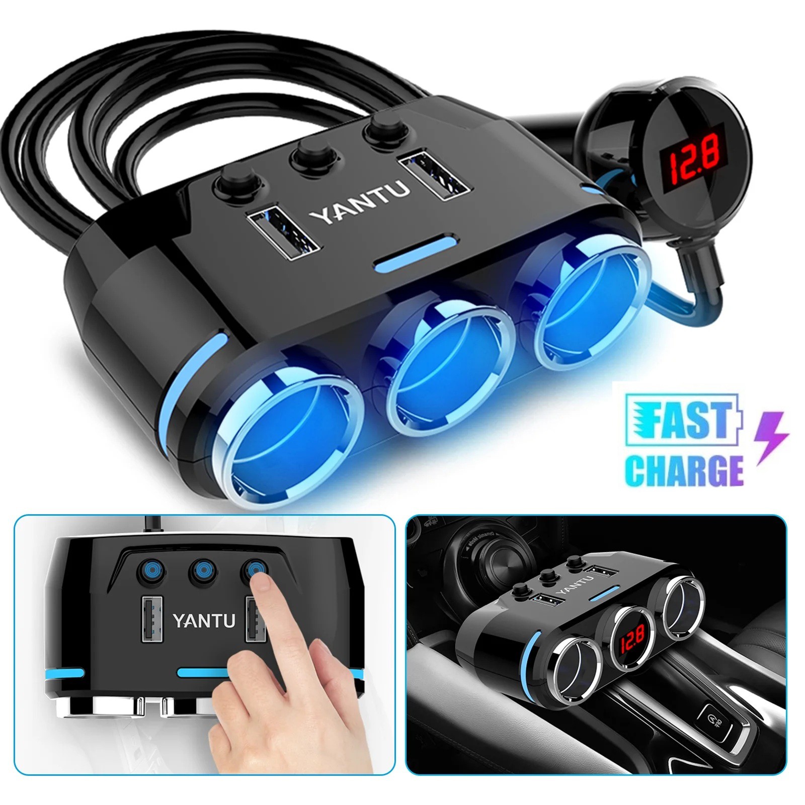 5-in-1 3Way Car Cigarette Lighter Socket Splitter Fast Charger Power Adapter