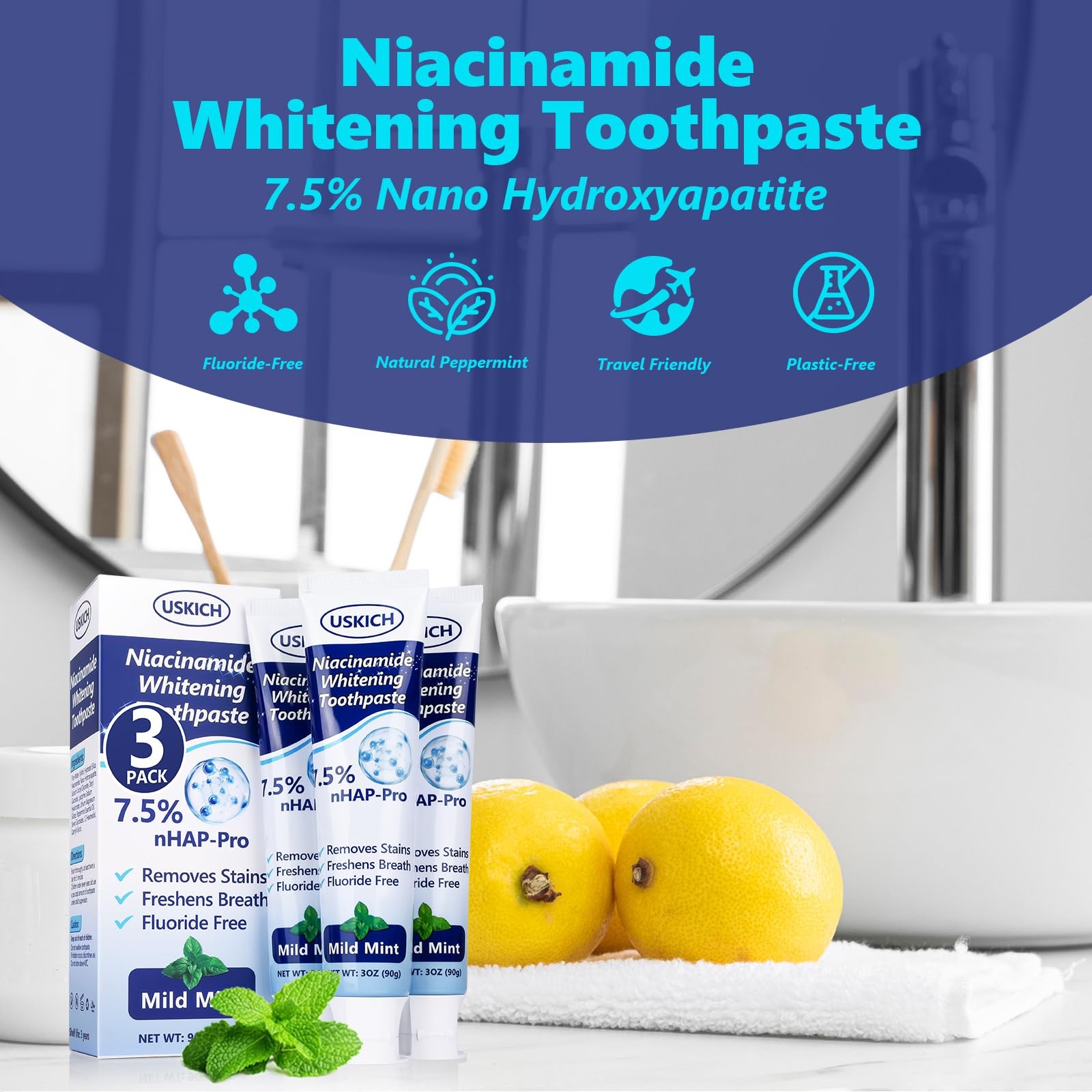 7.5% Nano Hydroxyapatite Toothpaste 3 Pack Whitening Natural Peppermint Fluoride