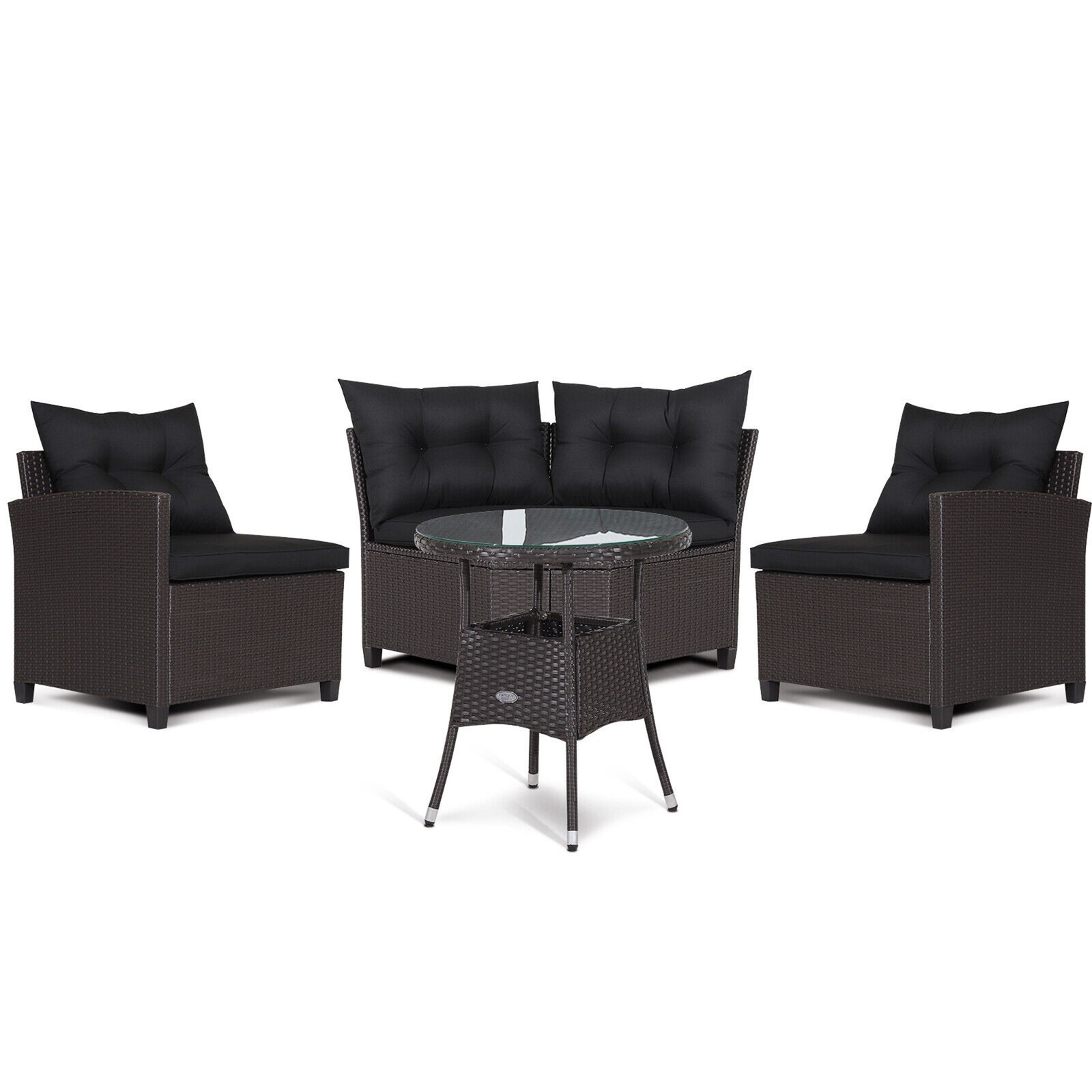 4PCS Wicker Patio Sofa Set Rattan Outdoor Furniture Set w/ Black Cushions