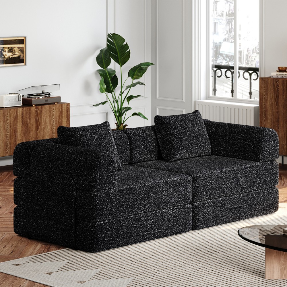 72.4" Convertible Sofa Bed w/ Storage Pockets, Black Chenille Fabric