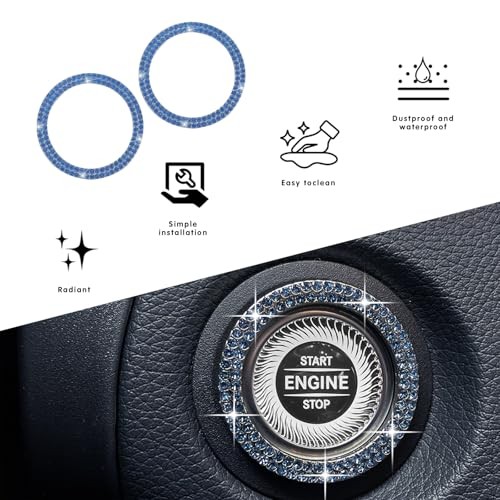 2PCS Push Start Button Ring,Bling Rhinestone Car Engine Start Stop blue-2