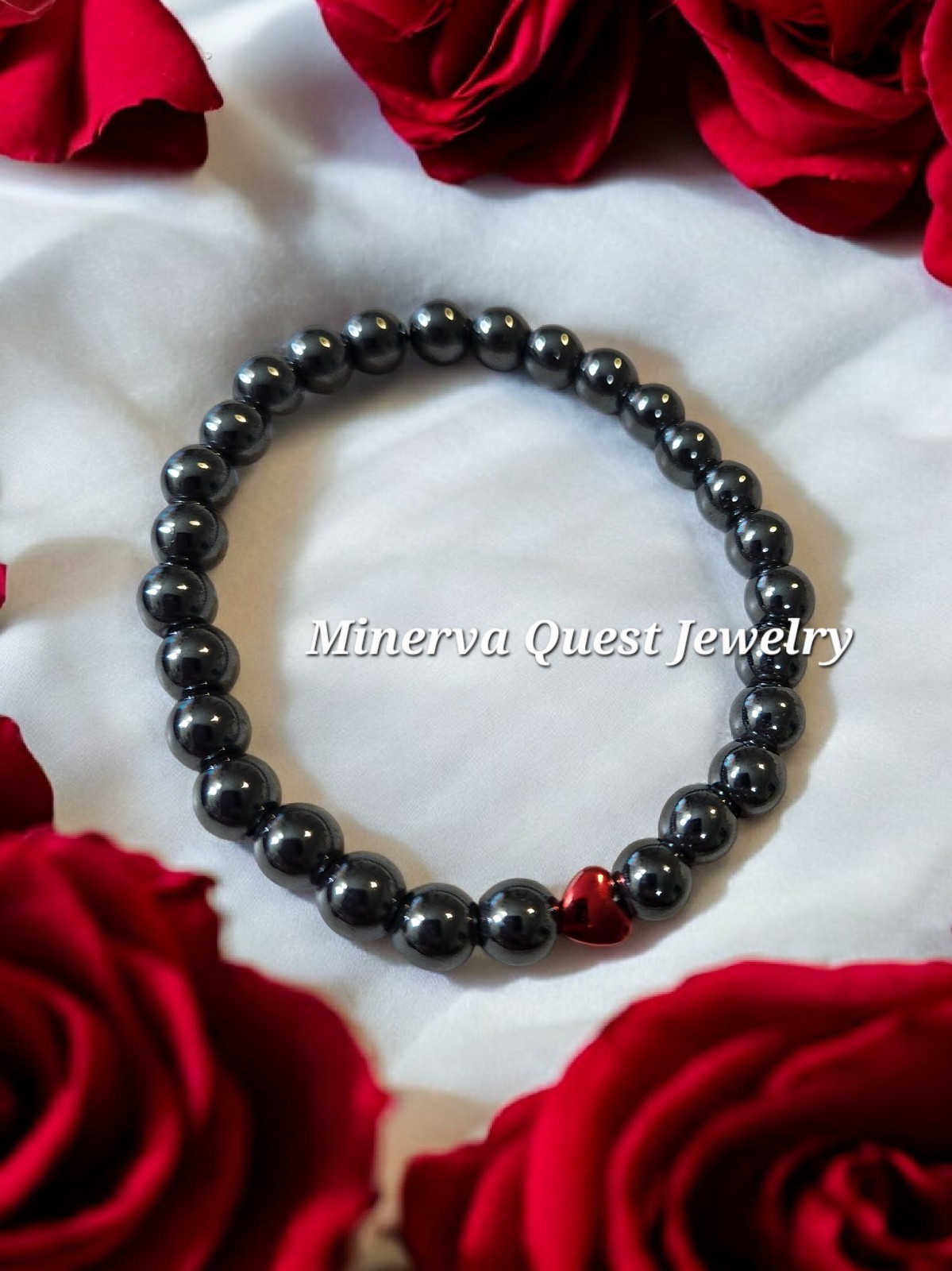 Handmade Artisan Coated Hematite Heart  Stretch Bracelet #2820
