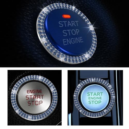 2PCS Push Start Button Ring,Bling Rhinestone Car Engine Start Stop blue-2