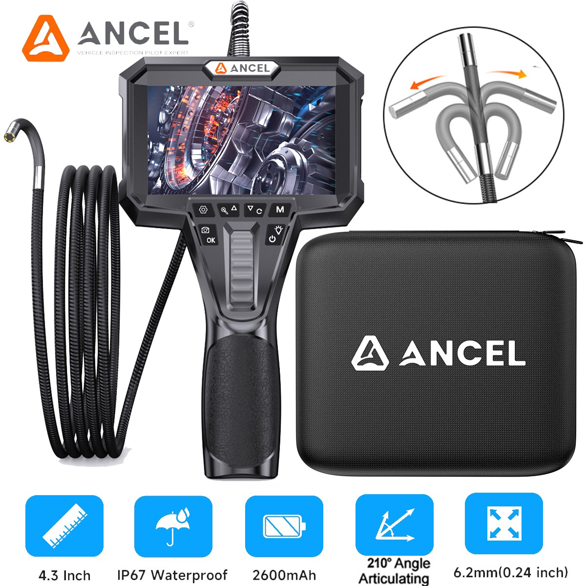 ANCEL AN301 1080P HD 210°Two-way Articulating Endscope Camera Borescope 6.2MM